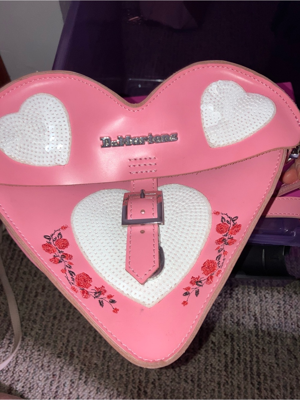 Dr. Martens Pink Heart-Shaped Crossbody Bag with White Sequin Accents
